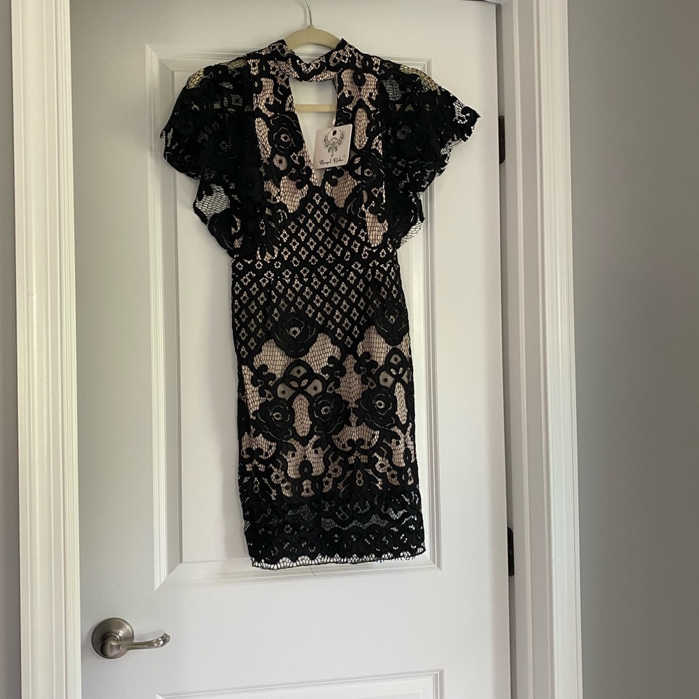 Dressy black mini dress with short sleeves